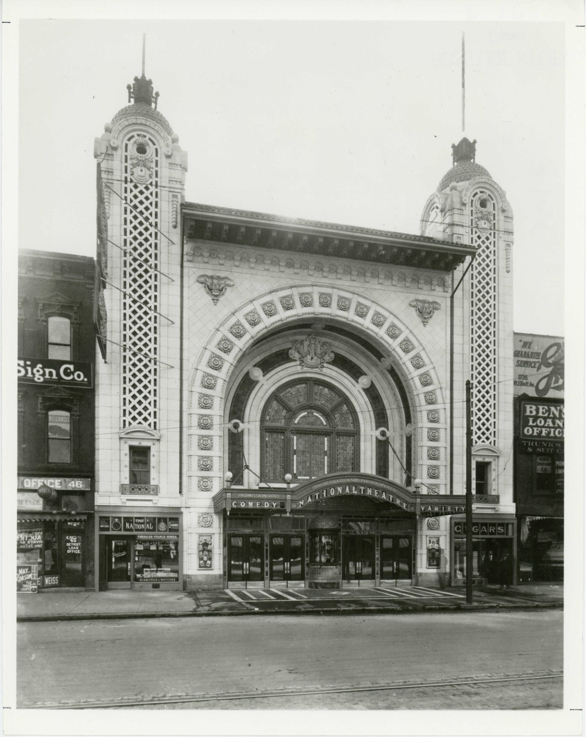 UNITED STATES DEPARTMENT OF THE INTERIOR
NATIONAL PARK SERVICE
NATIONAL REGISTER OF HISTORIC PLACES
PROPERTY PHOTOGRAPH FORM
(TYPE ALL ENTRIES - ATTACH TO OR ENCLOSE WITH PHOTOGRAPH)
1. NAME
COMMON: Monroe Avenue Historic District
AND/OR HISTORIC:
2. LOCATION
STREET AND NUMBER: 16-118 Monroe Avenue (south side)
CITY OR TOWN: Detroit
STATE: Michigan
CODE: 026
COUNTY: Wayne
CODE: 163
3. PHOTO REFERENCE
PHOTO CREDIT: Forster Studio
DATE OF PHOTO: c. 1911
NEGATIVE FILED AT: Albert Kahn Associates, Inc. New Center Building, Detroit, Michigan 48202
4. IDENTIFICATION
DESCRIBE VIEW, DIRECTION, ETC.
PHOTOGRAPH #7
National Theater exterior; main facade facing northwest.
#198