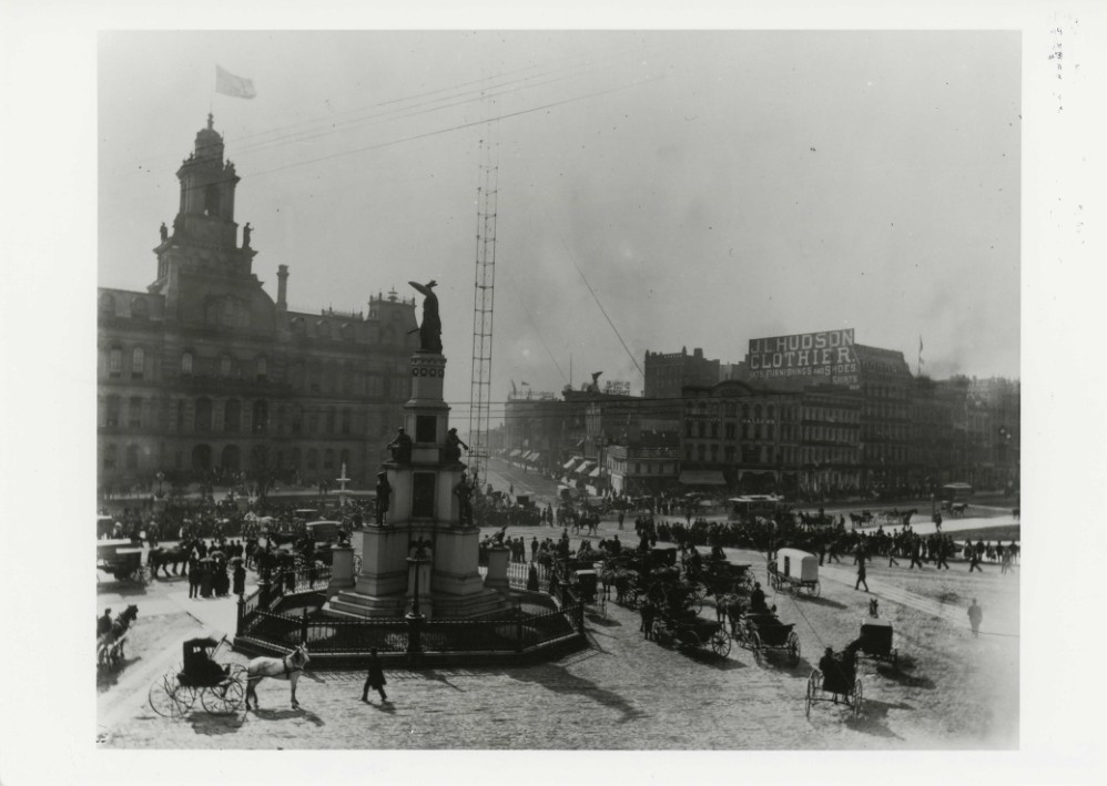 Michigan Soldiers' and Sailors' Monument
Woodward Avenue at Campus Martius
Detroit, Wayne County, Michigan
Photographer: Unknown
Date: October, 1888
Neg.: Michigan State Archives
3405 North Logan
Lansing, Michigan 48906
View: Camera facing W toward Michigan Avenue
Photo: #1 of 14
Michigan Dept. of State
STATE ARCHIVES
Neg. No.
Soldiers & Sailors Monument, Detroit, 1888